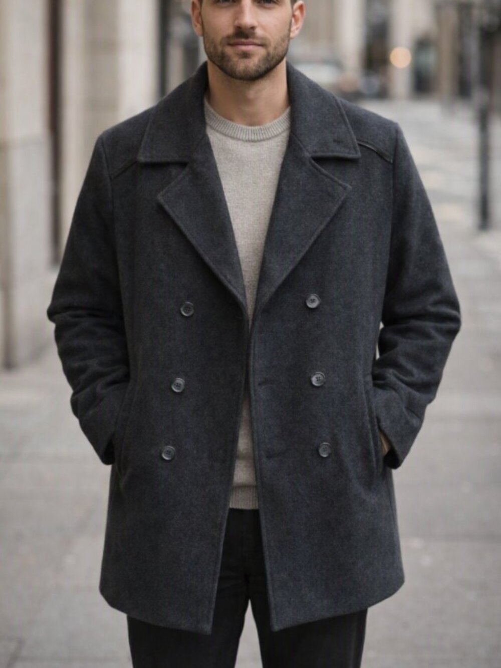 Alfani Charcoal Gray Wool‑Blend Double‑Breasted Pea Coat Jacket L Urban Slim Fit